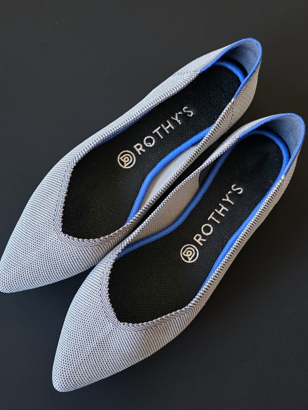 Rothy's Pointed Knit Flats in Light Gray with Blue Trim 8.5